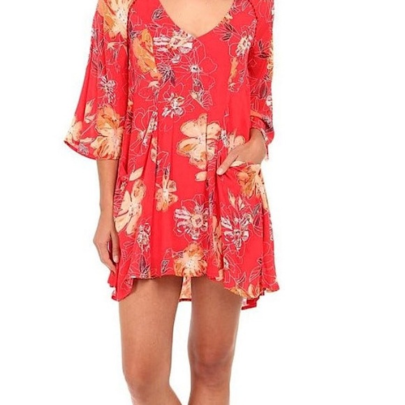 Free People Red Floral Vintage Long-Sleeve Mini Dress - Picture 7 of 15